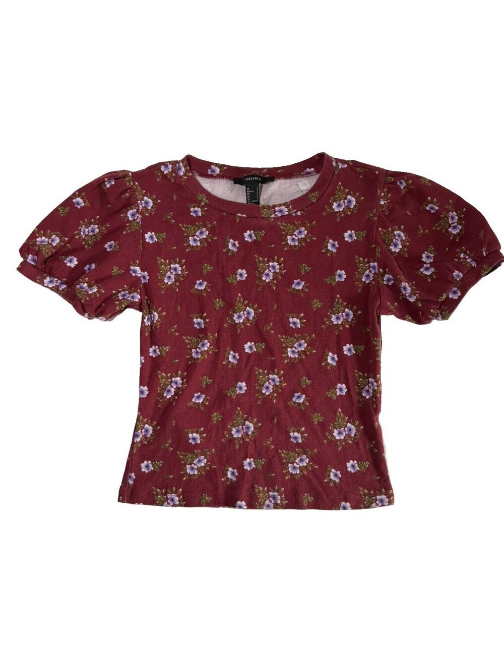 Forever 21 Stretchy Floral Puff Sleeve Burgundy Crop top - Size Small